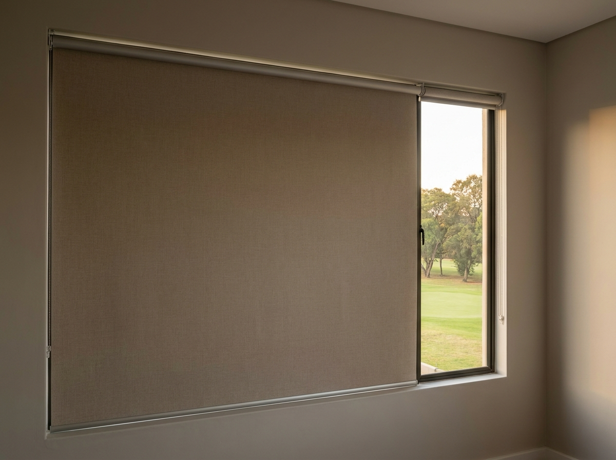 Bedroom window in a new-build Ruimsig home fitted with a flat blockout roller blind, no folds, lowered for true morning dark with a sliver of fairway view at the edge