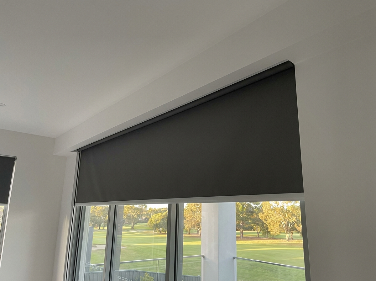 Close-up of a concealed ceiling blind box recessed above a wide stacking glass door in a modern Ruimsig estate home, a flat blockout roller blind dropping from the hidden slot with no visible hardware