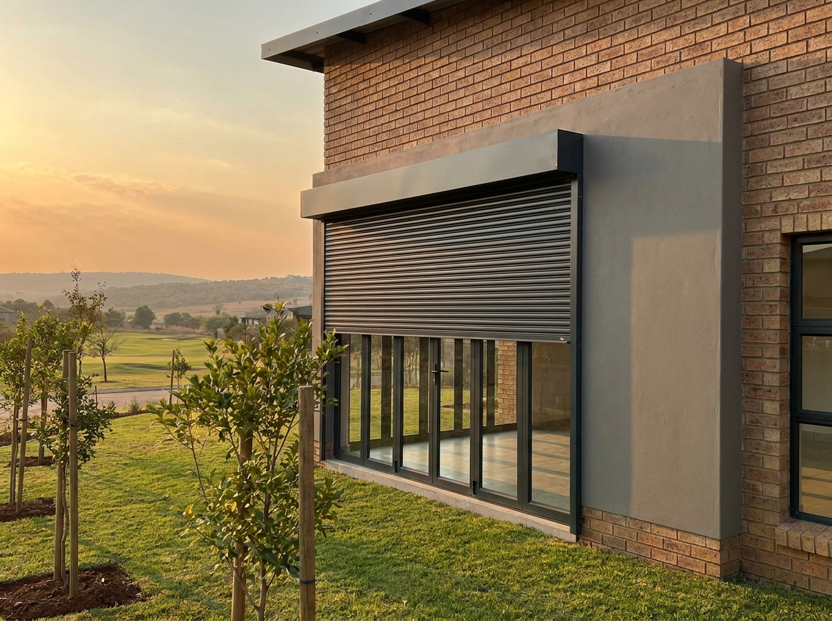 External aluminium roller shutter rolled halfway down over wide west-facing glass stacking doors on a face-brick Ruimsig estate home, golf fairway visible beyond young trees