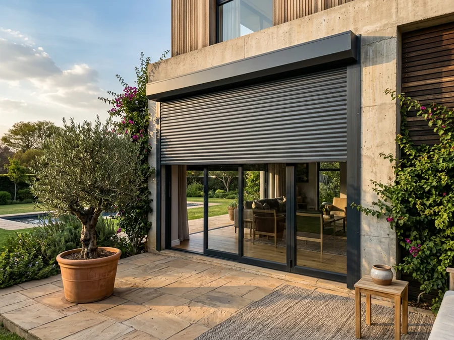 External aluminium roller shutter rolled part-way down over patio doors on a Ruimsig home